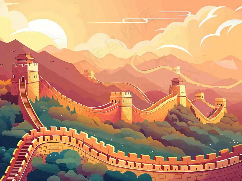 万里长城中国山河国潮插画北京旅游景点八一建军节红色文化卡通插画背景(1264x944)