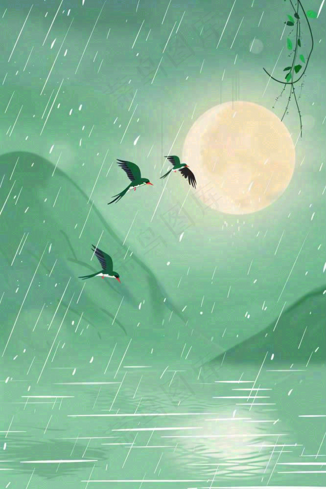 春天雨天夜晚月亮燕子山水画清冷雨水谷雨清明插画 背景(896x1344)