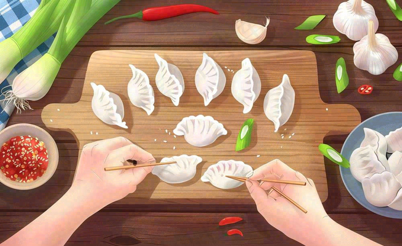 冬至包饺子场景卡通手绘插画背景(1408x864)