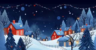 冬季白雪覆盖的欧洲小镇圣诞节日卡通插画背景 