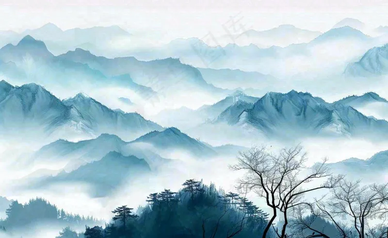 中国风水墨山水画青山山峦叠嶂云雾清明端午寒露古风插画背景(1408x864)