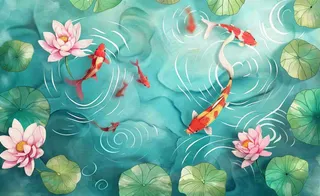 夏天荷花夏日荷塘背景水彩睡莲荷叶锦鲤鱼水彩立夏夏至大暑小暑卡通插画背景