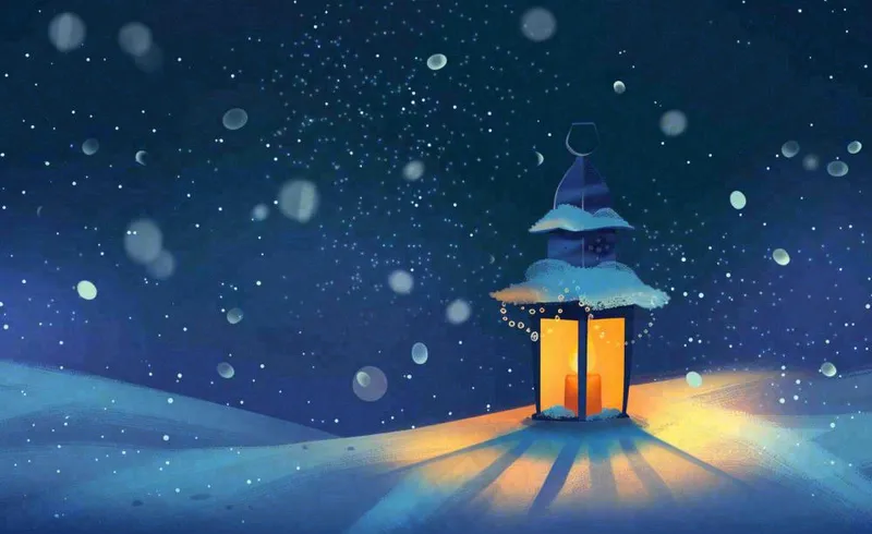 冬天夜晚雪地里的灯笼灯盏雪花温暖寒露立冬大雪插画背景(1408x864)