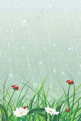 春天草丛花丛昆虫下雨天雨水惊蛰谷雨卡通插画背景