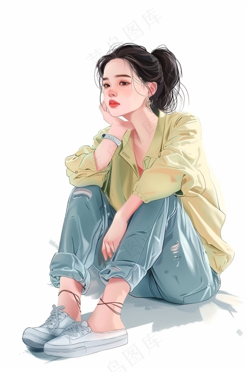 蹲坐着的少女朝气马尾发型插画背景(2688x4032)