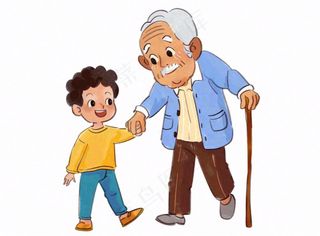 孙子牵着爷爷孝敬老人陪伴亲情人物卡通插画免抠