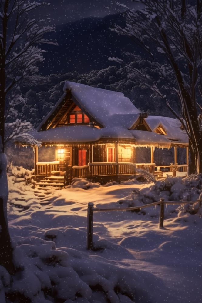 夜景雪屋意境背景(896x1344)