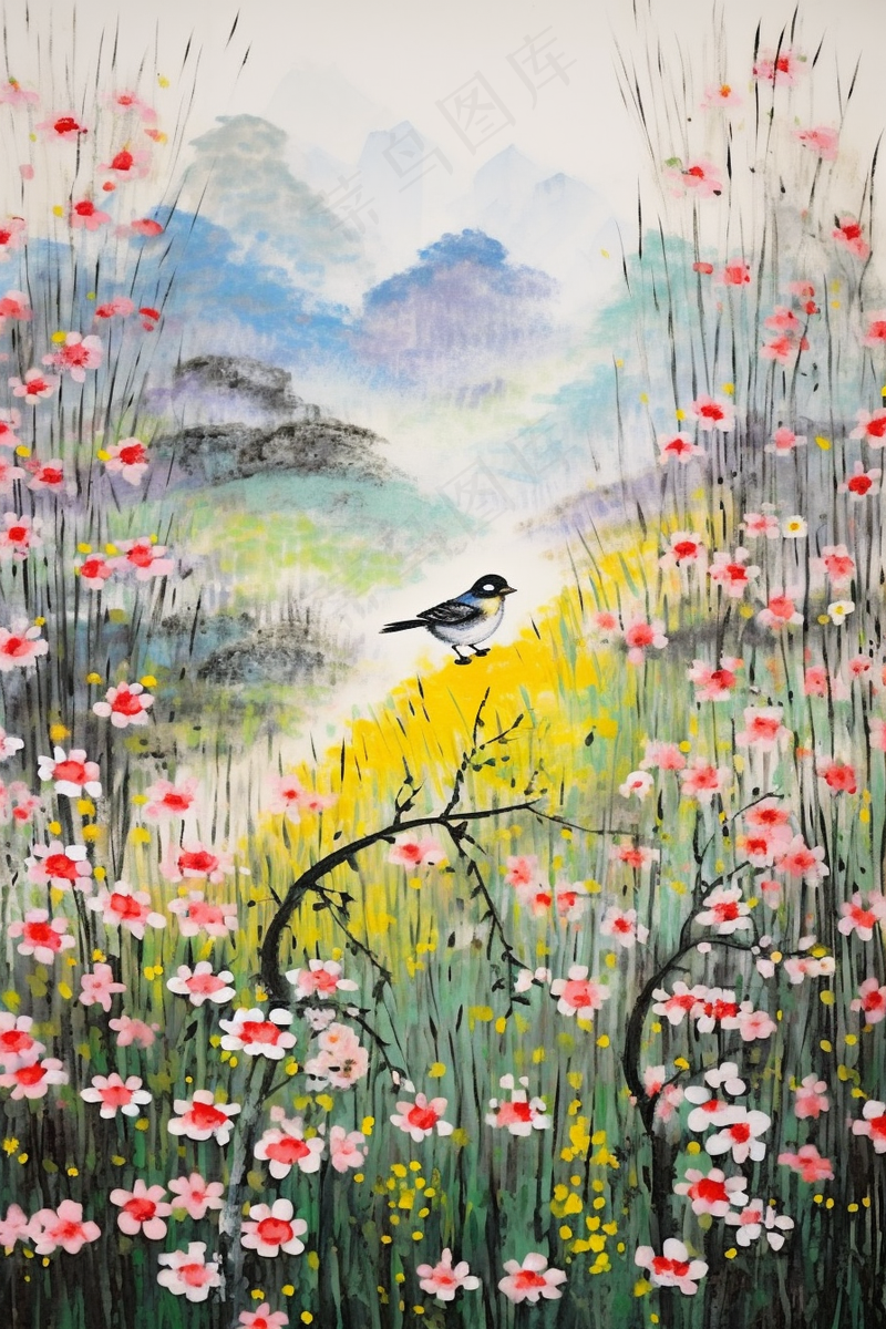 花鸟树枝花草国画水墨画素材背景