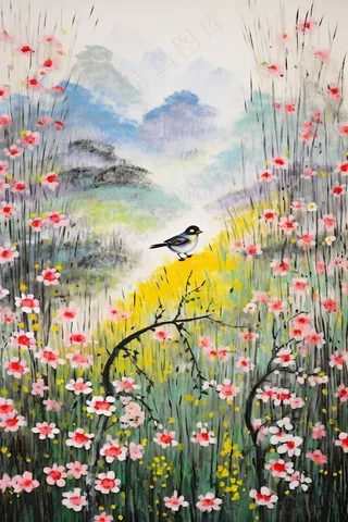 花鸟树枝花草国画水墨画素材背景