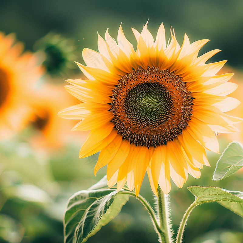a close up of a sunflower with a blurry background, a picture by Maeda Masao, pexels, renaissance, sunflower, beautiful image, sunflower background (3072x3072)
