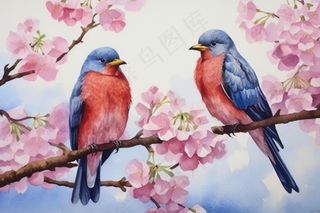 桃花樱花树枝上的蓝色小鸟插画背景