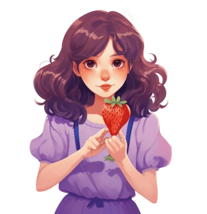 少女拿着草莓紫色衣裙美丽可爱人物卡通插画免抠(1024x1056)