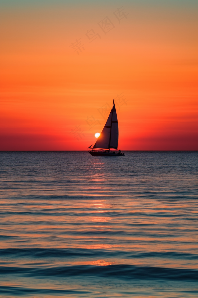 夕阳落日下海洋海面帆船余晖倒影美景摄影图(2688x4032)