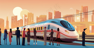 中国传统节日春节除夕春运赶火车回家团聚的人物插画海报背景