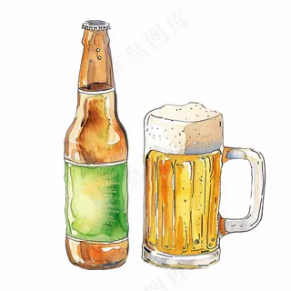 啤酒酒瓶饮料水彩画插画免抠