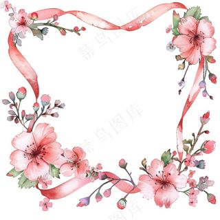 春天粉色花环水彩插画免抠