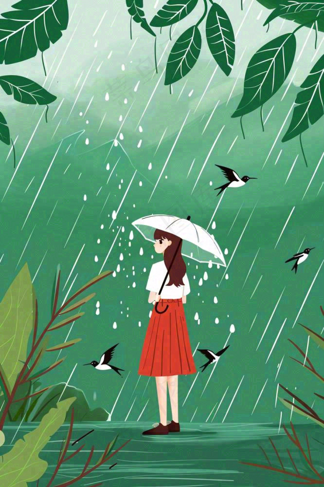 春天梅雨季红色女孩打雨伞户外绿色植物雨水谷雨卡通插画背景