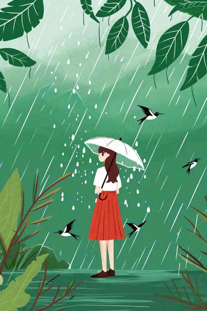 春天梅雨季红色女孩打雨伞户外绿色植物雨水谷雨卡通插画背景(896x1344)