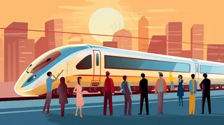 中国传统节日春节除夕春运赶火车回家团聚的人物插画海报背景