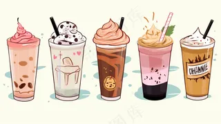 夏日奶茶果茶饮料冰饮卡通插画背景