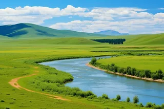 草原河流湿地白云蓝天大自然风景摄影图