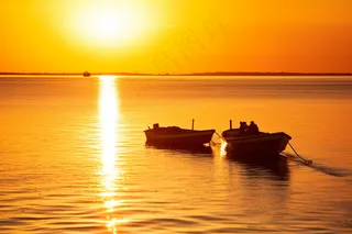 夕阳落日下的海洋湖面小船余晖倒影摄影图