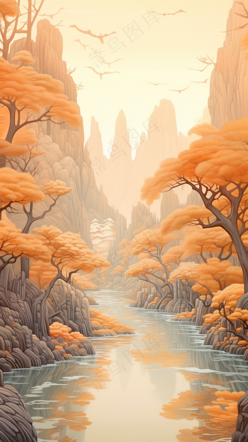 国风山水画河流花草国画水墨画素材背景(2448x4368)