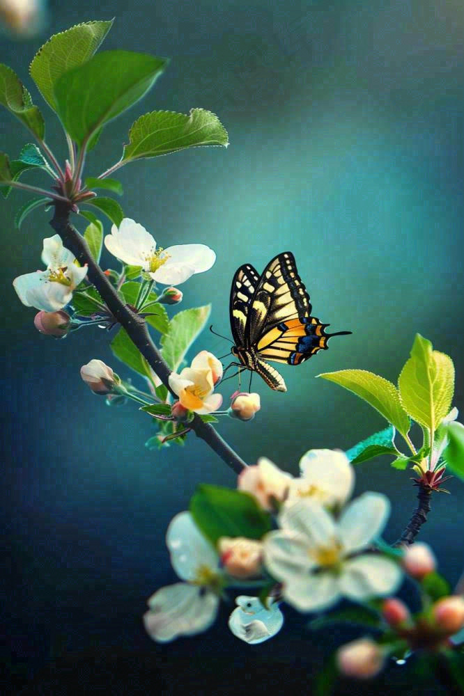 白花树枝上的蝴蝶春天万物生长立春惊蛰春分寒露摄影图