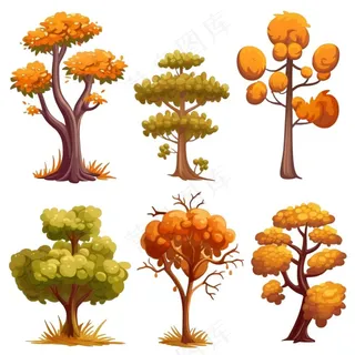 秋天黄了树木卡通插画元素免抠