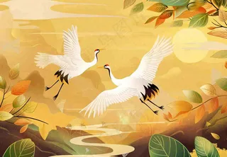 金色银杏仙鹤重阳节山脉中式祥云山水秋天古风中国风手绘背景重阳节