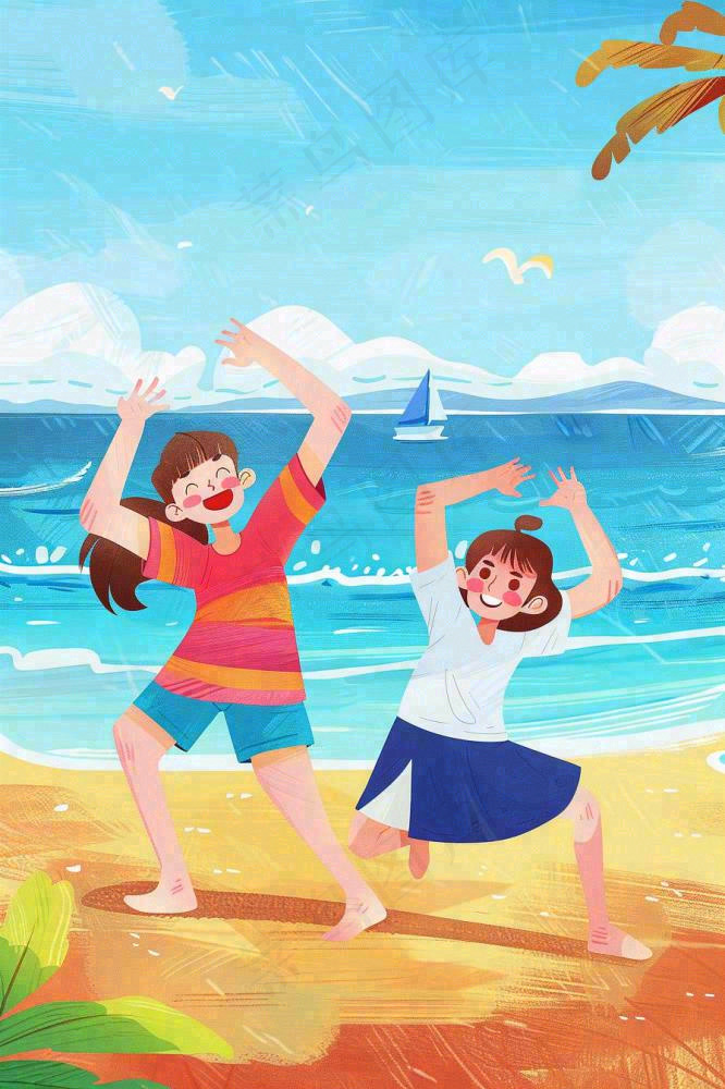 夏至海边沙滩度假玩乐小暑大暑节气插画背景(896x1344)