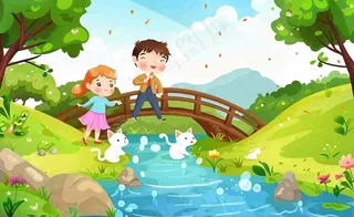 春天出游踏青森林公园小溪小桥樱花小孩宠物立春春分惊蛰绿色卡通插画背景