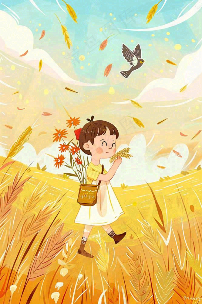 秋意浓丰收季女孩农场采收大雁芒种立秋秋分插画背景