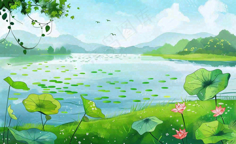 春夏风景湖泊荷花柳树立夏小暑夏至插画背景