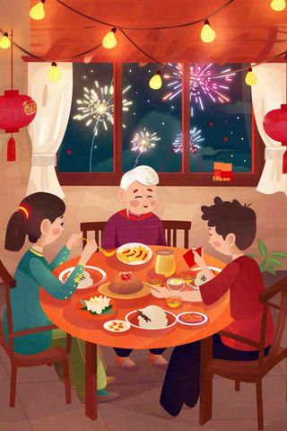 新年除夕夜团圆饭节日喜庆过年团聚一家人春节插画背景