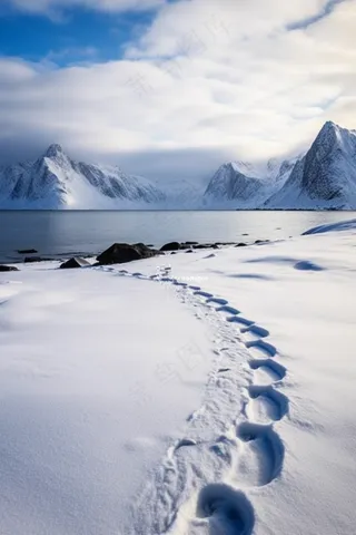 雪地里的脚印雪山湖泊摄影图