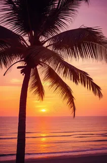 海边沙滩夕阳晚霞日出椰树摄影图