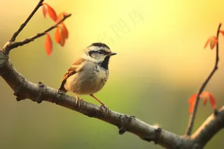 春天清晨小鸟站在枝头抽新芽摄影图