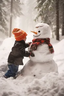 冬季雪地堆雪人的孩子大雪纷飞摄影图