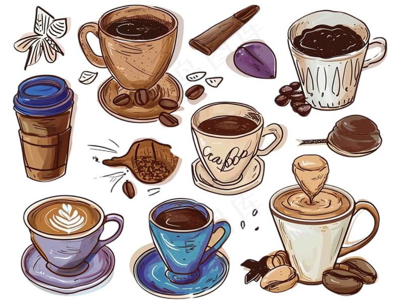 咖啡元素手绘卡通插画素材免抠