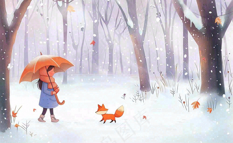 秋冬森林打伞的女孩狐狸动物相遇立冬小雪大雪冬至卡通插画背景(1408x864)