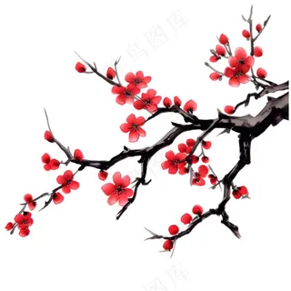 梅花红色冬天国画水彩画免抠