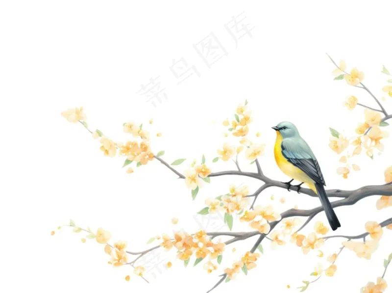 站在树上的鸟黄花卡通插画免抠(1264x944)
