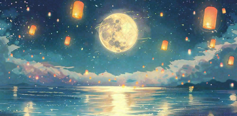 月亮中秋节河灯中元节风景唯美插画背景