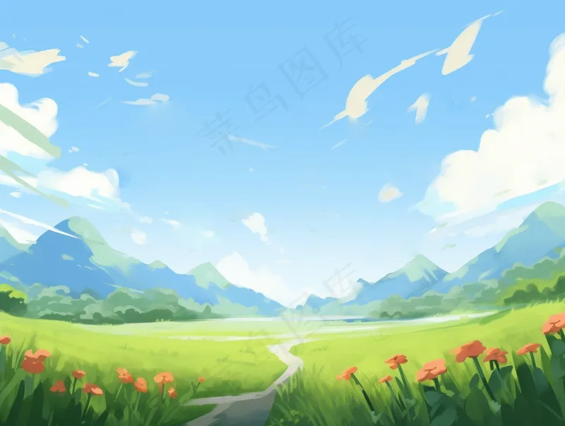 春天草坪草原绿叶花丛蓝天白云卡通插画背景(3696x2784)