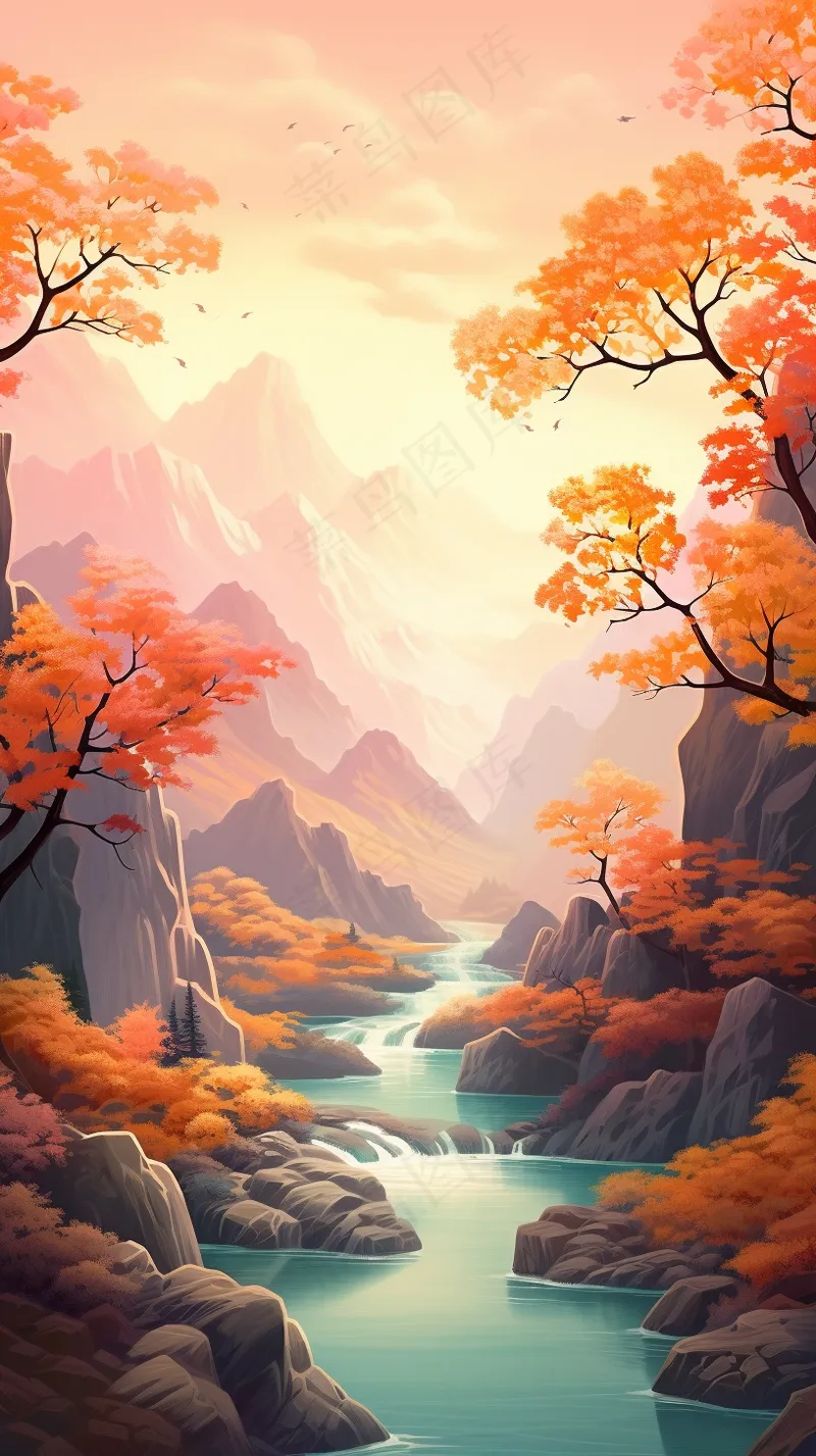 国风山水画河流花草国画水墨画素材背景(2448x4368)