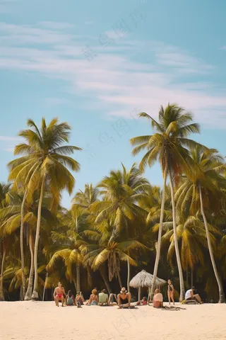 夏日沙滩海边椰树摄影图