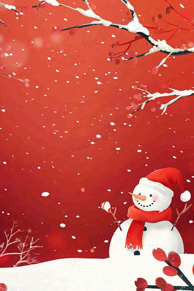 红色宫墙背景白色雪人梅花冬至新年春节小年喜庆卡通插画背景(896x1344)