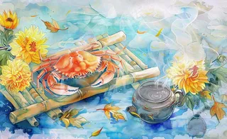 金秋螃蟹红枫叶茶壶水面涟漪中秋重阳秋分寒露水墨水彩插画背景