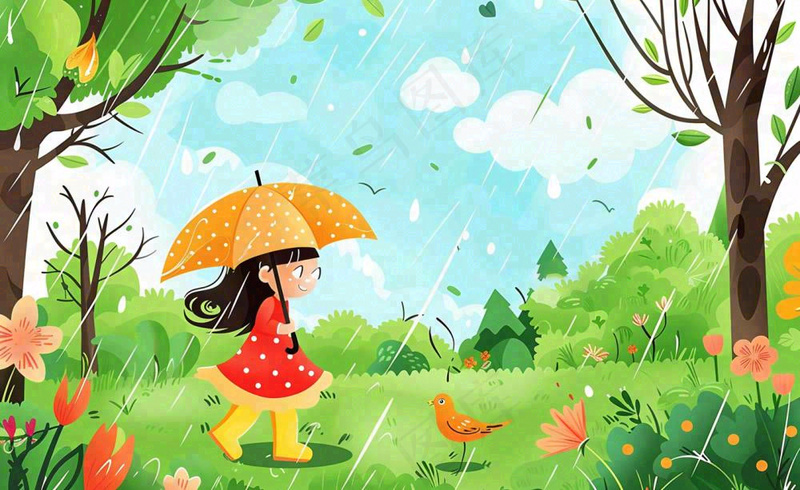 春天雨季女孩打伞在森林公园里嬉戏小草花丛鸟春游踏青雨水谷雨卡通插画背景(1408x864)
